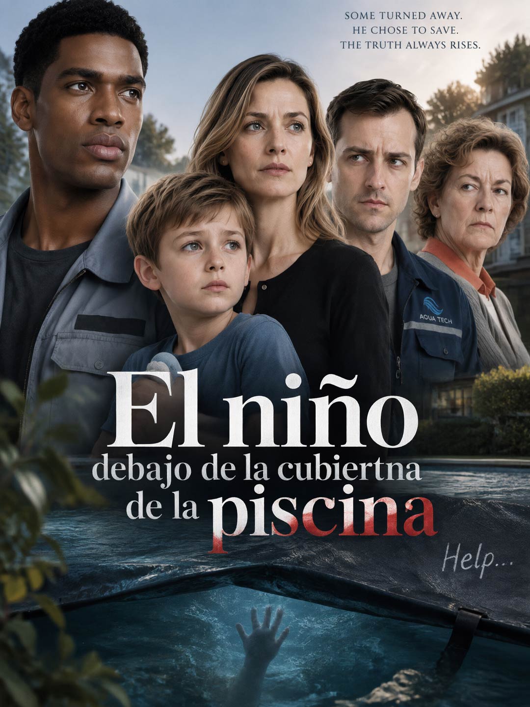 El niño debajo de la cubierta de la piscina