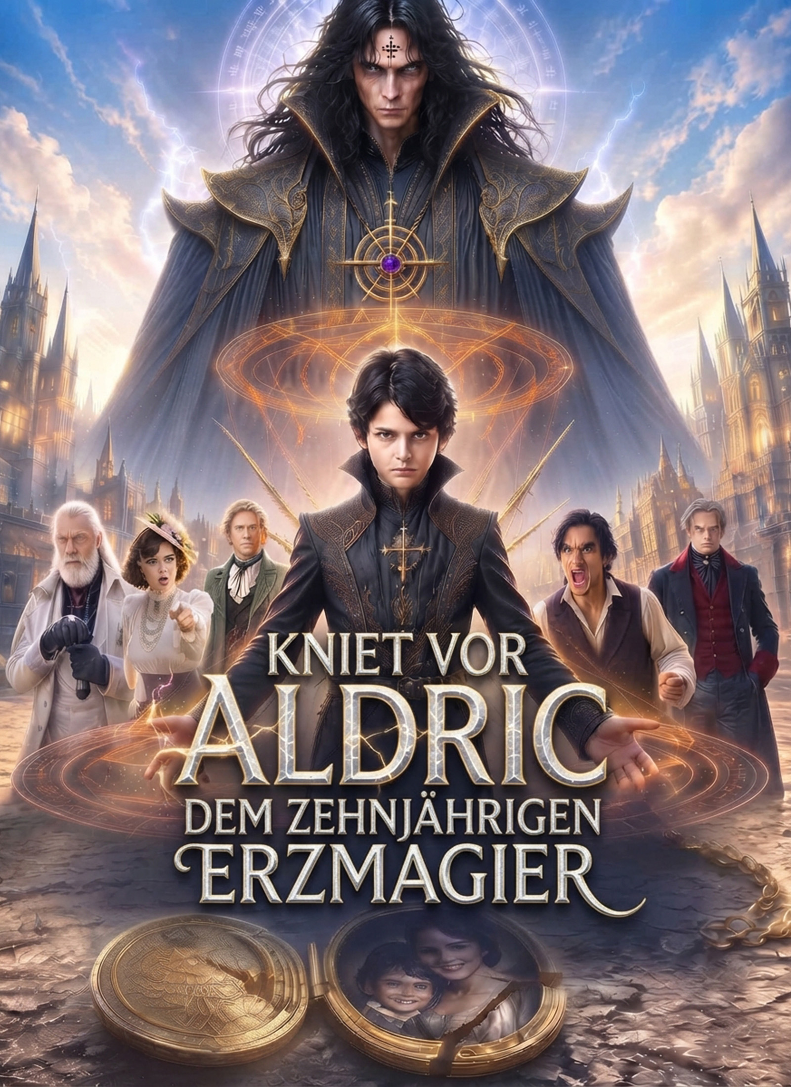 Kniet vor Aldric, dem zehnjährigen Erzmagier.