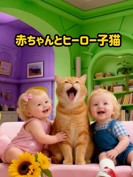 赤ちゃんとヒーロー子猫